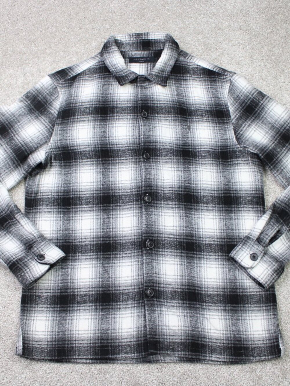 AllSaints Westfork Shirt Mens Large Black/White Flannel Loop Collar Long Sleeve